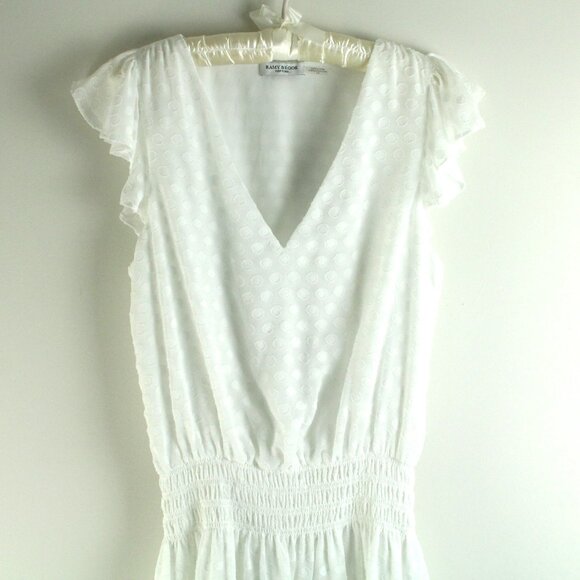 Ramy Brook Simona White Swiss Dot V-Neck Ruffle Trim Smocked Waist Mini Dress S - Picture 3 of 7